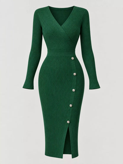 Decorative Button Ribbed Knit Sweater Dress