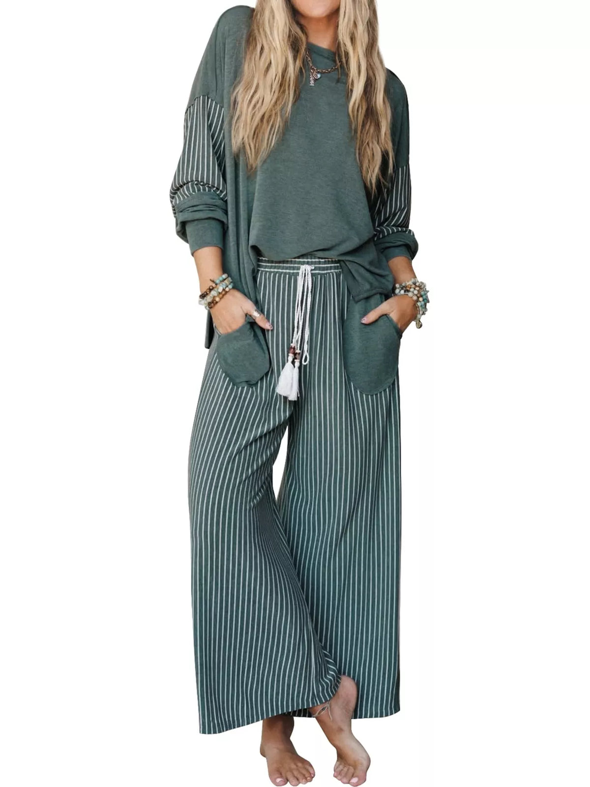 Striped Boat Neck Top and Wide-Leg Pants Set