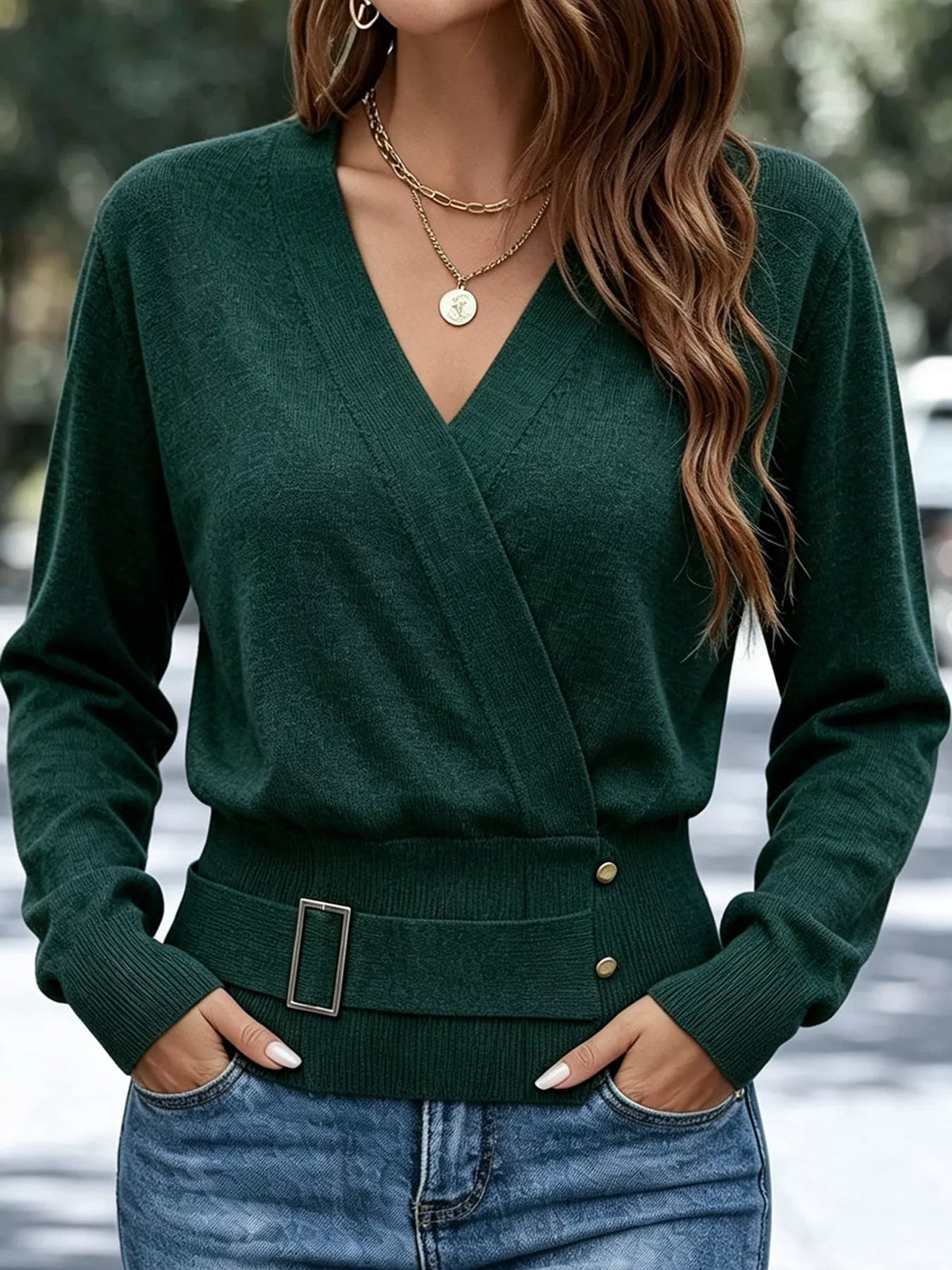 Surplice Elastic Waist Long Sleeve Knit Top