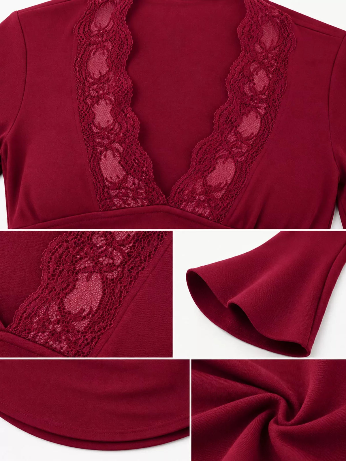 Lace Trim V-Neck Long Sleeve Slim Fit T-Shirt
