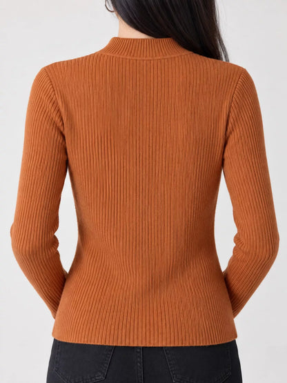 Elegant Slim-Fit Ribbed Mock Neck Knit Top