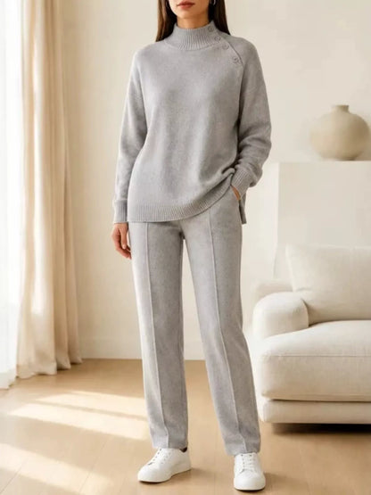 Mock Neck Button-Detail Sweater and Pants Set