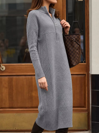 Half-Zip Ribbed Knit Sweater Dress