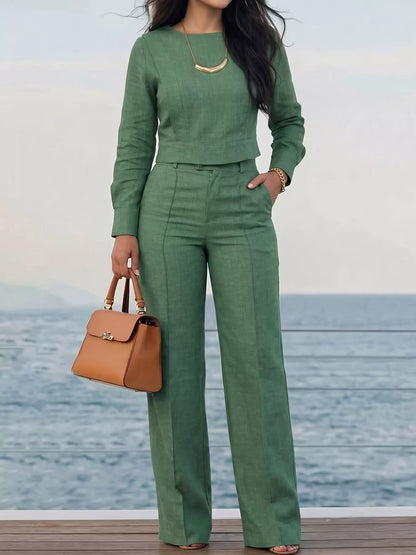 Long-Sleeve Crop Top and Wide-Leg Pants Set