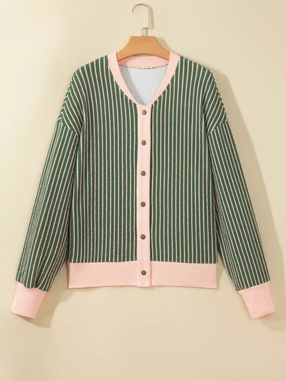Striped V Neck Patchwork Long Sleeve Regular Fit Cardigan