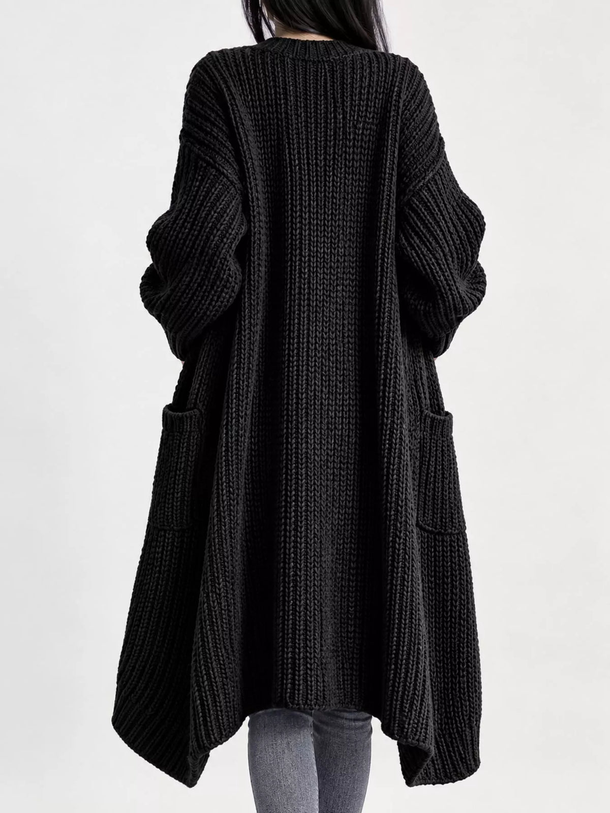 Full Size Chunky Knit Openwork Front Longline Cardigan Plus Size