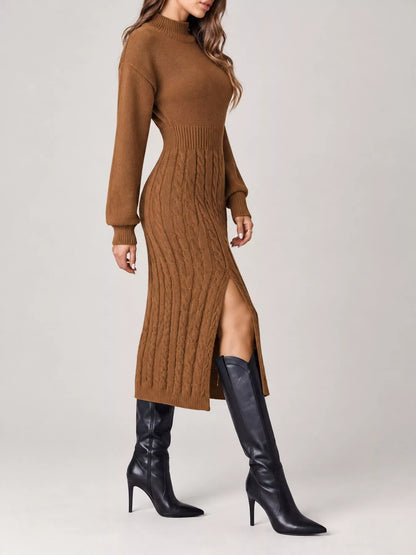 Full Size Mock Neck Cable Knit Sweater Dress with Front Slit Plus Size