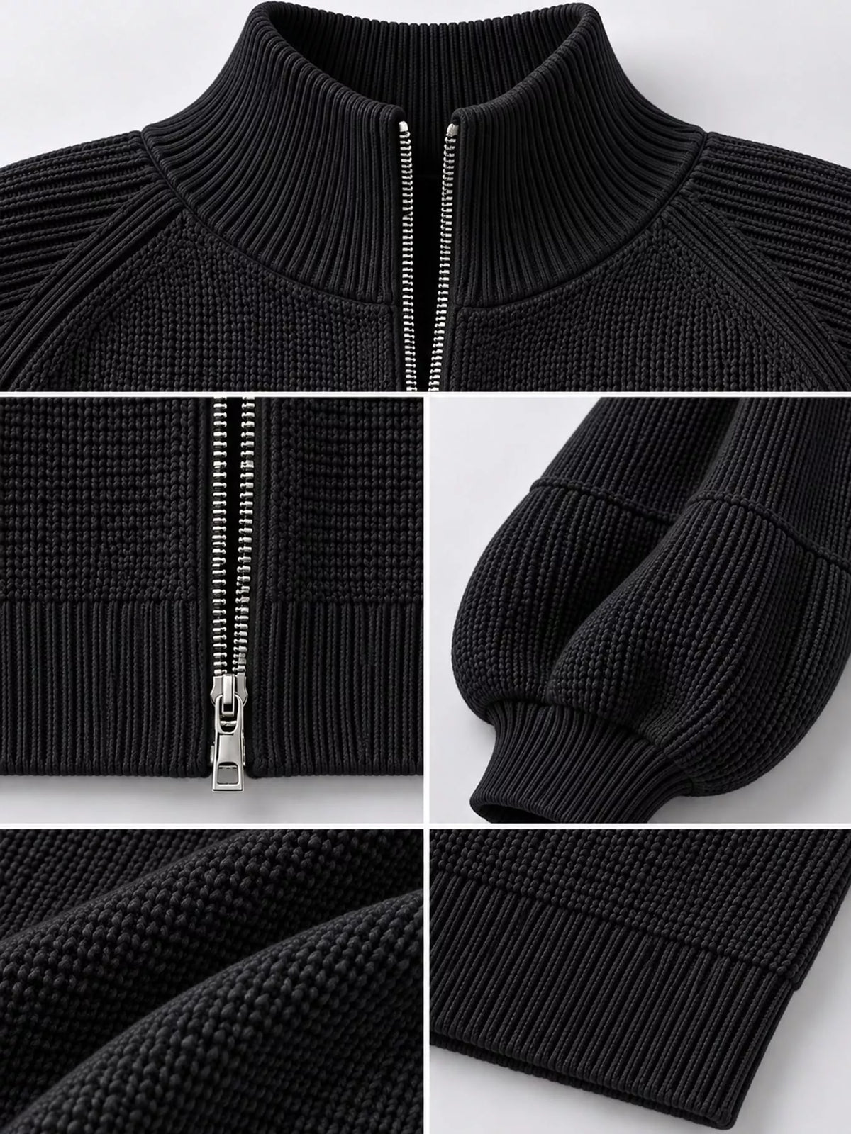 Full Size Elegant Ribbed Knit Zip-Up Cardigan with Lantern Sleeves Plus Size