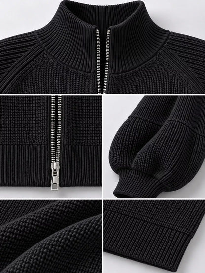 Full Size Elegant Ribbed Knit Zip-Up Cardigan with Lantern Sleeves Plus Size