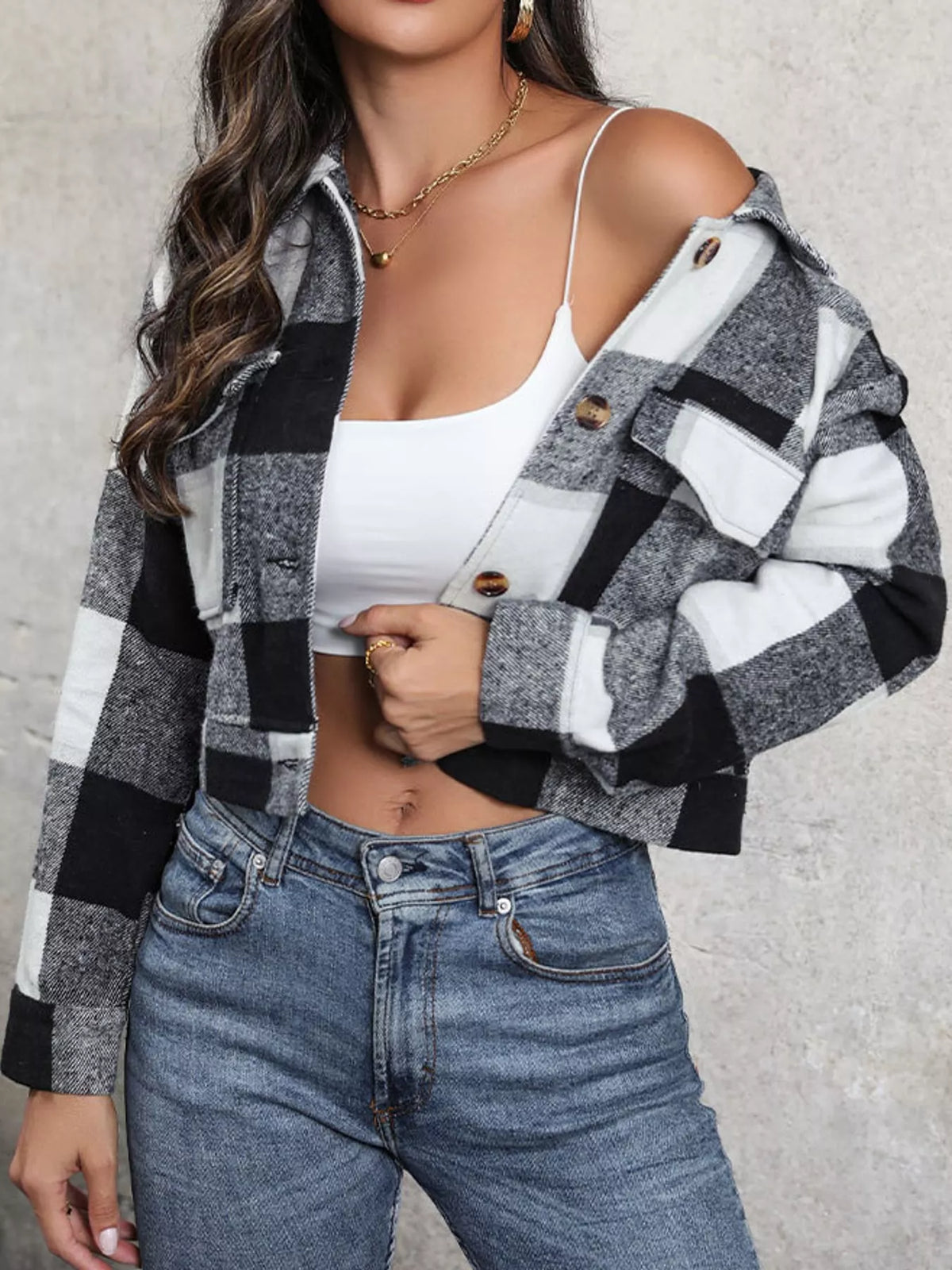 Plaid Button-Up Cropped Jacket