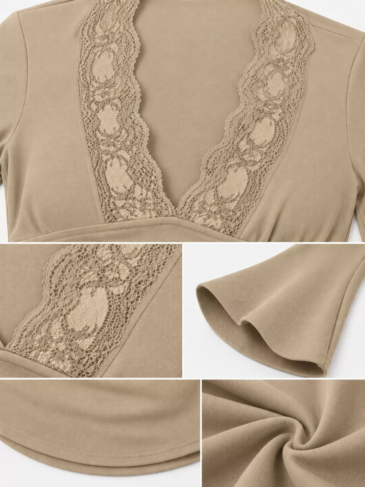 Lace Trim V-Neck Long Sleeve Slim Fit T-Shirt