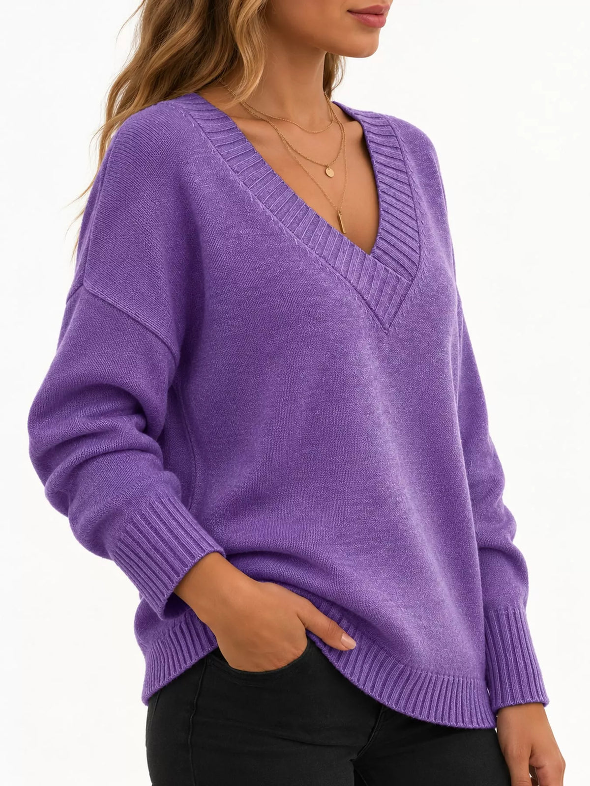 Full Size V-Neck Dropped Shoulder Sweater Plus Size