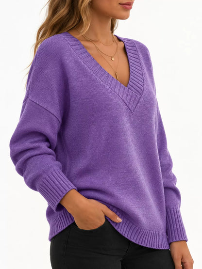 Full Size V-Neck Dropped Shoulder Sweater Plus Size