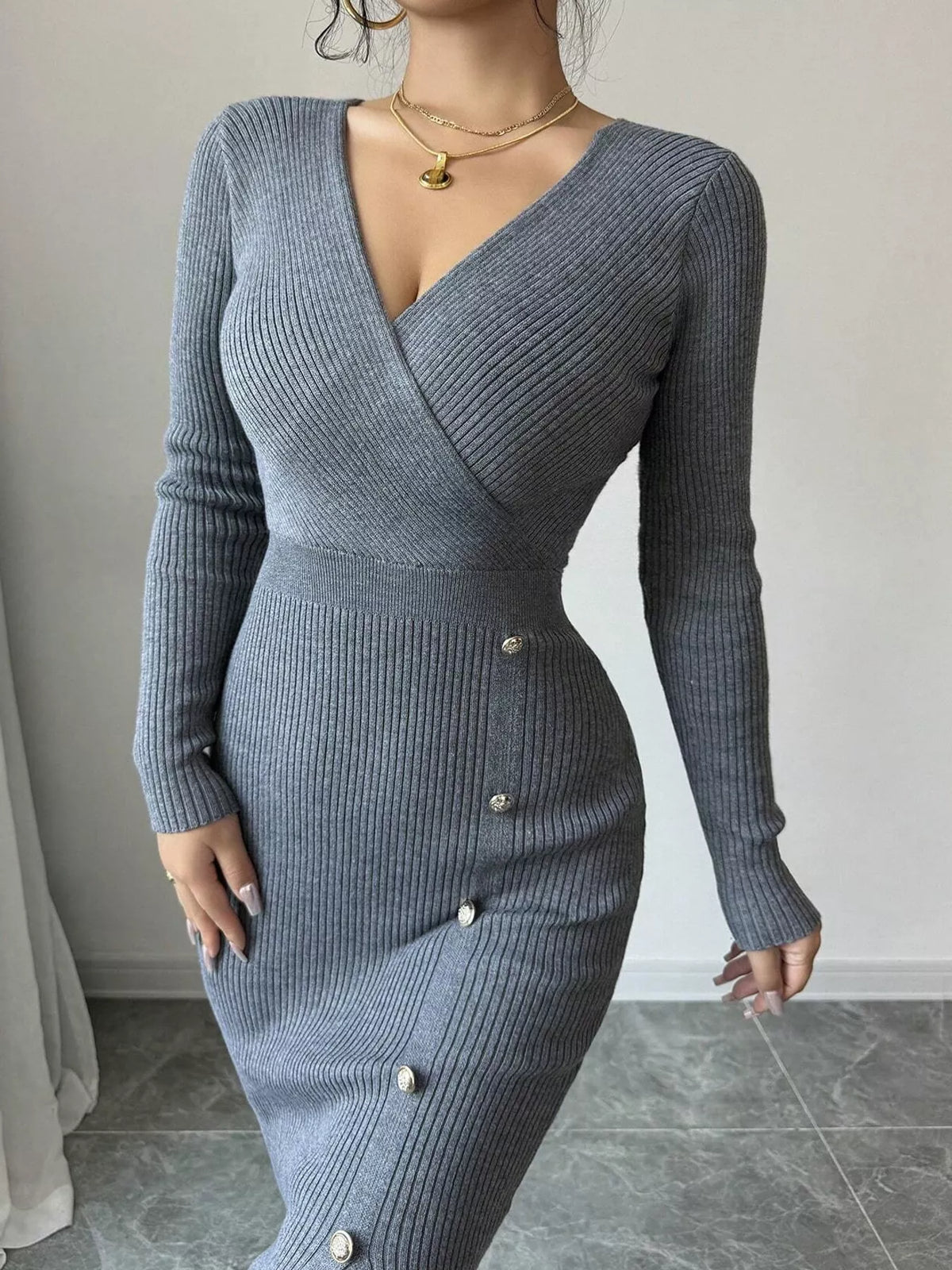 Decorative Button Ribbed Knit Sweater Dress