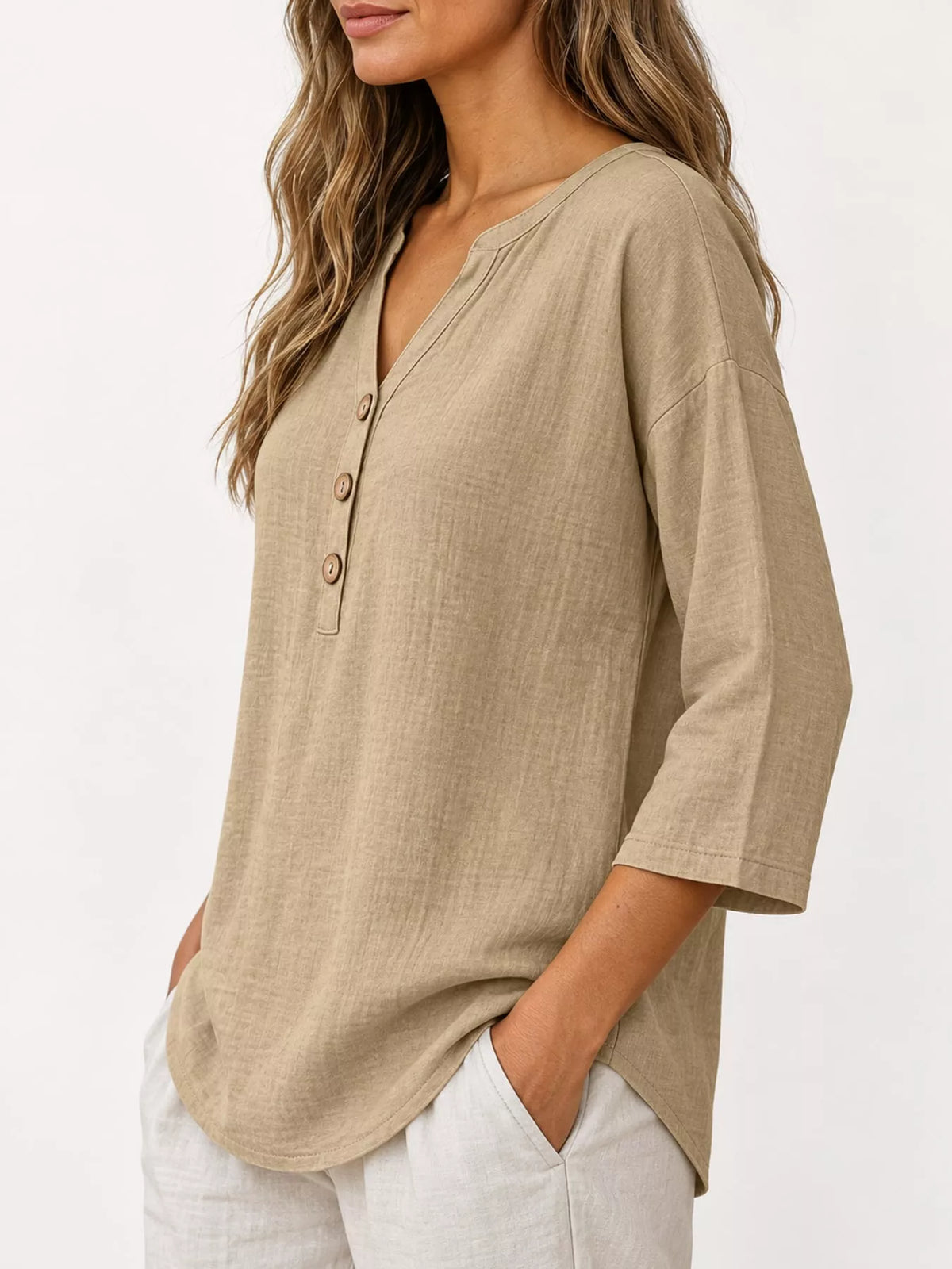 Full Size Button Detail Notched 3/4 Sleeve Blouse Plus Size