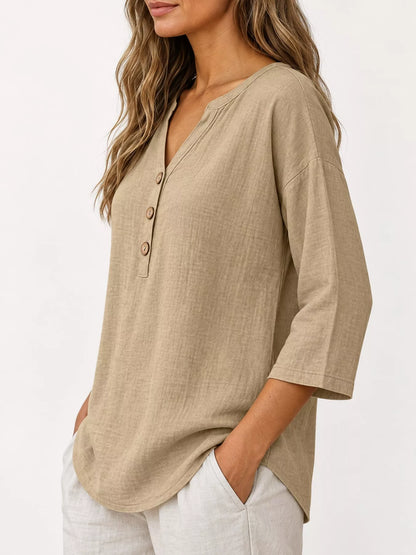 Full Size Button Detail Notched 3/4 Sleeve Blouse Plus Size