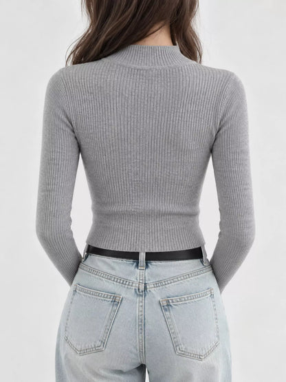 Elegant Slim-Fit Ribbed Mock Neck Knit Top