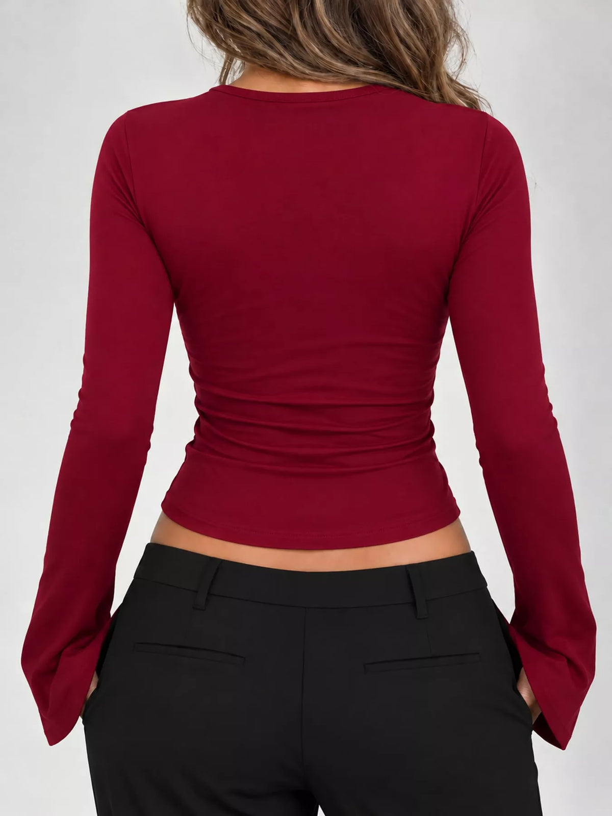 Lace Trim V-Neck Long Sleeve Slim Fit T-Shirt