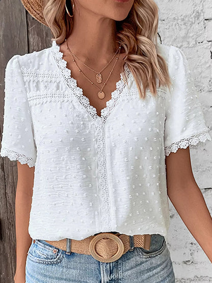 Elegant Swiss Dot V-Neck Blouse with Lace Trim