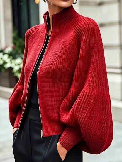 Full Size Elegant Ribbed Knit Zip-Up Cardigan with Lantern Sleeves Plus Size