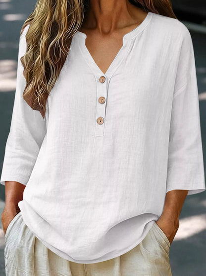 Full Size Button Detail Notched 3/4 Sleeve Blouse Plus Size