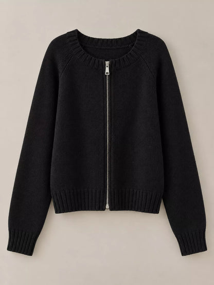 Ribbed Hem Zip-Up Cardigan