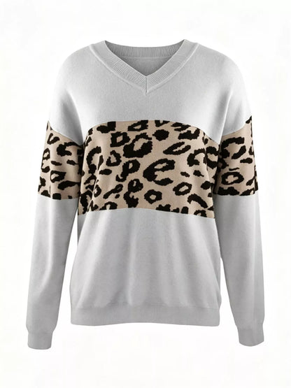 Leopard V-Neck Dropped Shoulder Sweater
