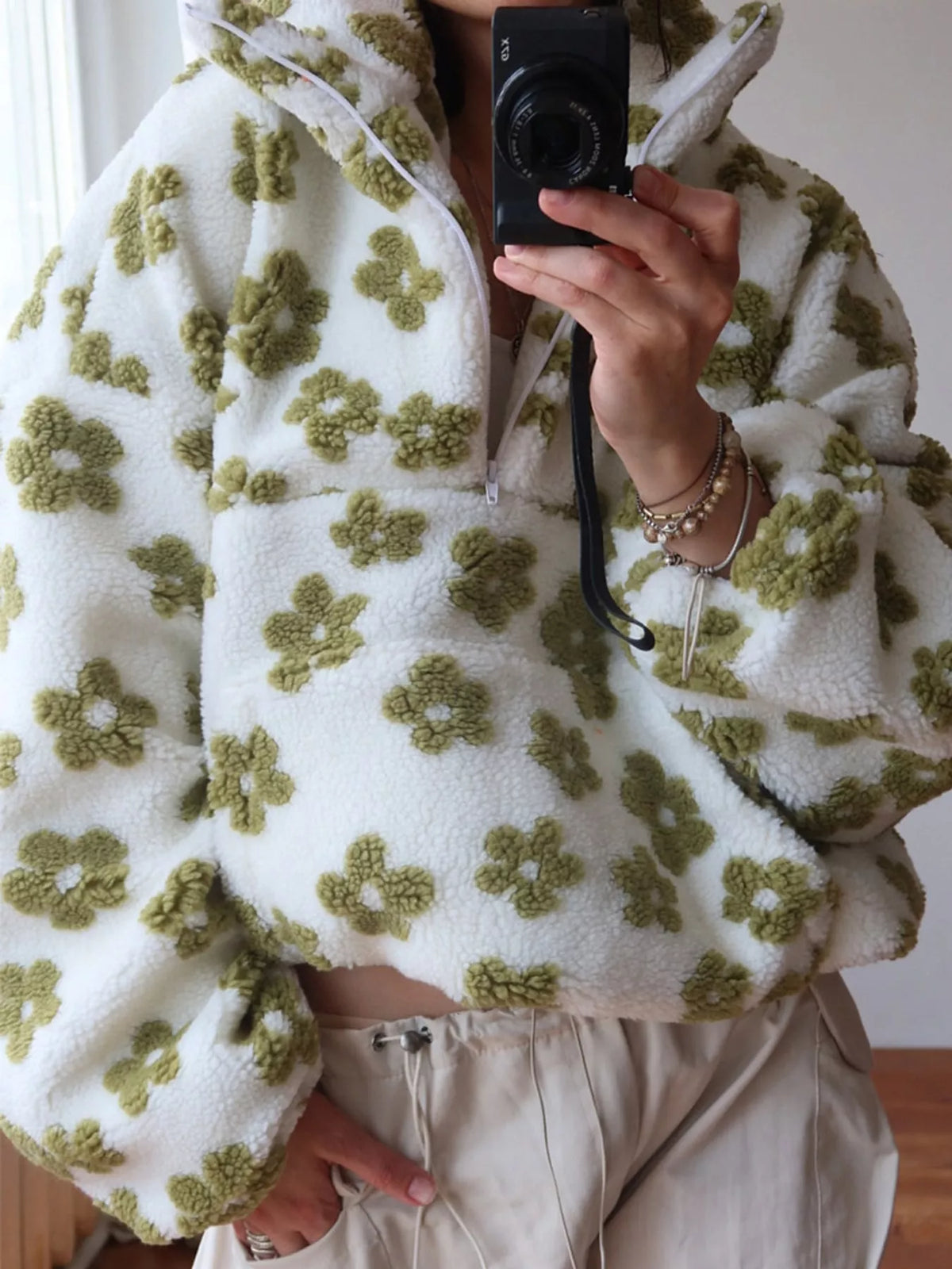 Floral Quarter-Zip Sherpa Sweatshirt