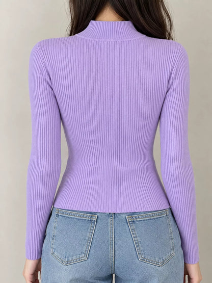 Elegant Slim-Fit Ribbed Mock Neck Knit Top
