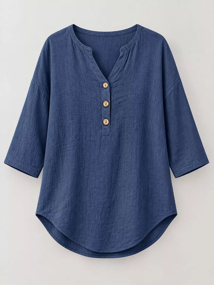 Full Size Button Detail Notched 3/4 Sleeve Blouse Plus Size