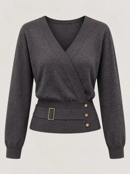 Surplice Elastic Waist Long Sleeve Knit Top