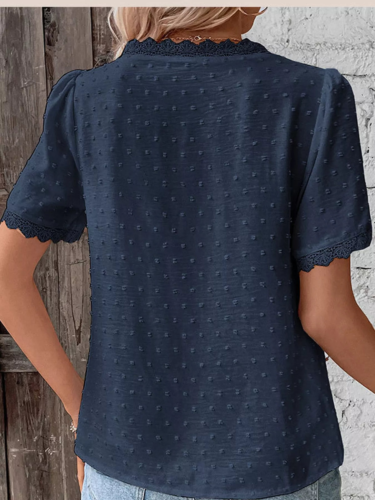 Elegant Swiss Dot V-Neck Blouse with Lace Trim