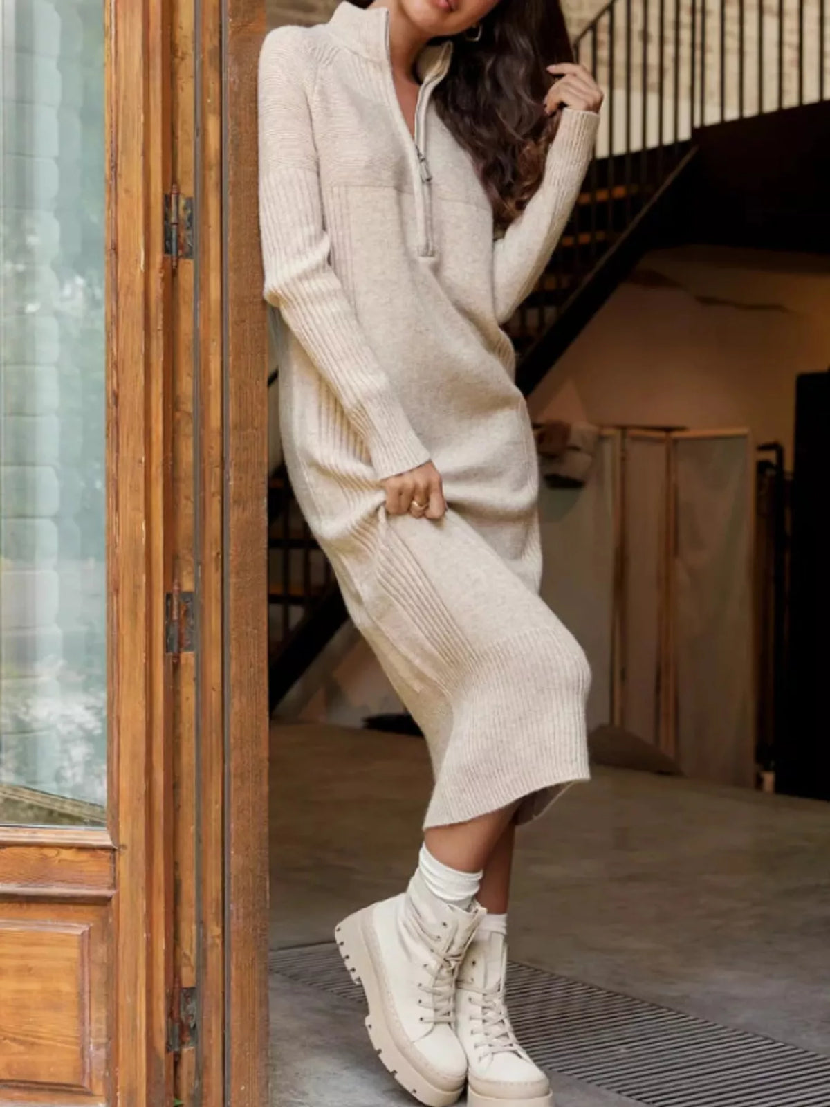 Half-Zip Ribbed Knit Sweater Dress
