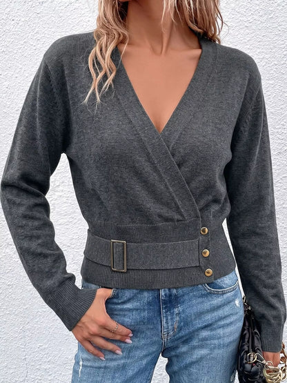Surplice Elastic Waist Long Sleeve Knit Top
