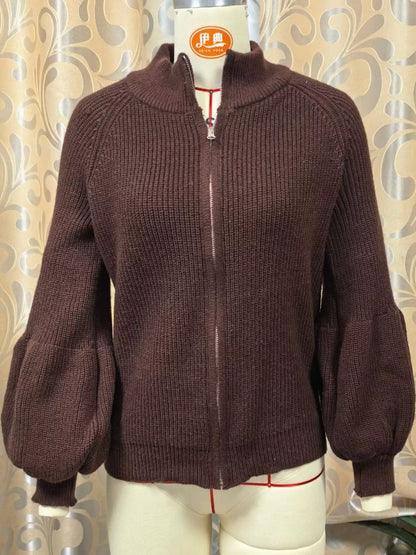 Full Size Elegant Ribbed Knit Zip-Up Cardigan with Lantern Sleeves Plus Size