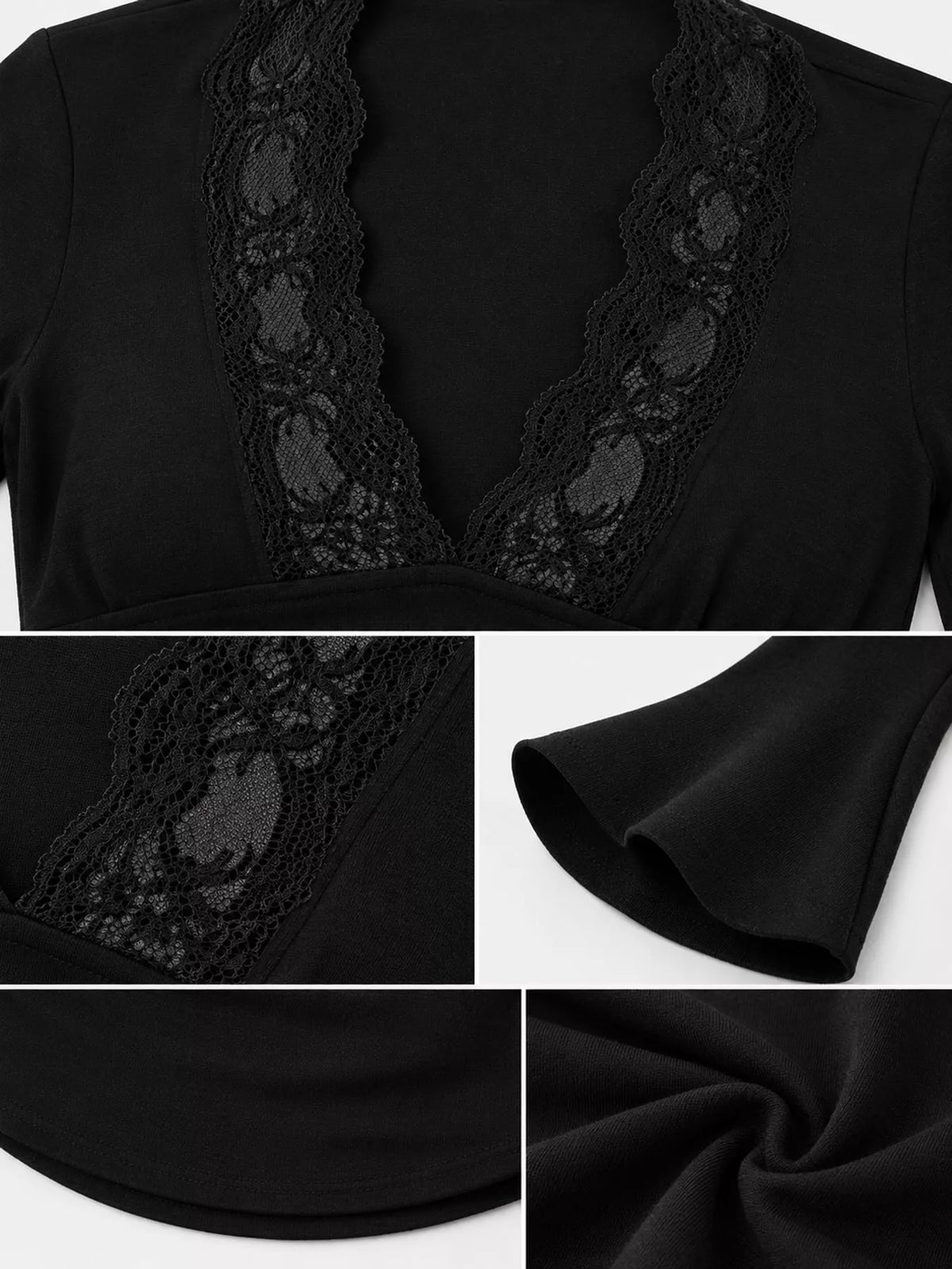 Lace Trim V-Neck Long Sleeve Slim Fit T-Shirt