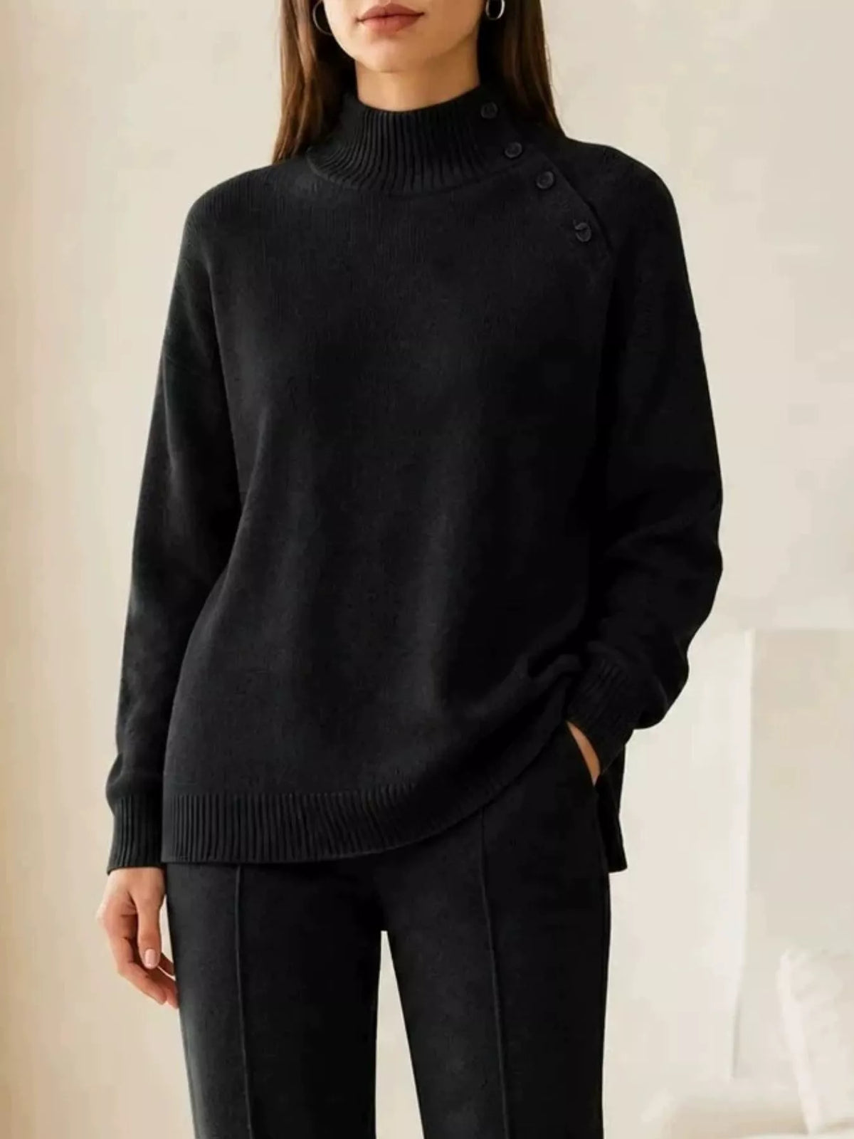 Mock Neck Button-Detail Sweater and Pants Set