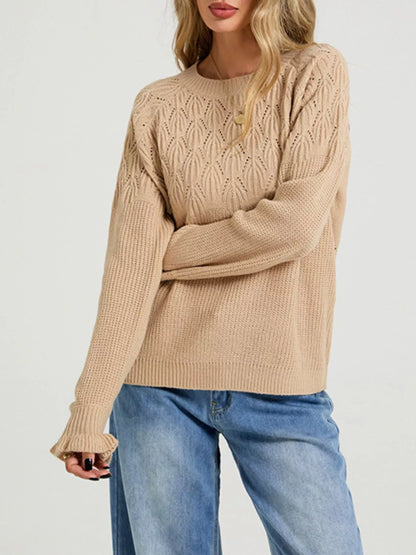 Pointelle Knit Round Neck Sweater