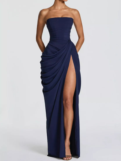 Elegant Strapless Ruched High-Slit Evening Dress