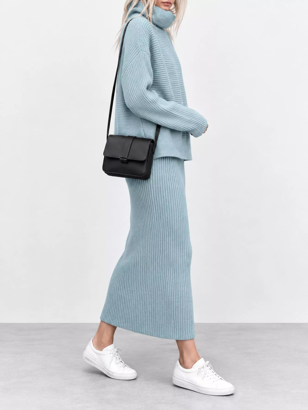 Ribbed Turtleneck Sweater Set with Matching Midi Skirt