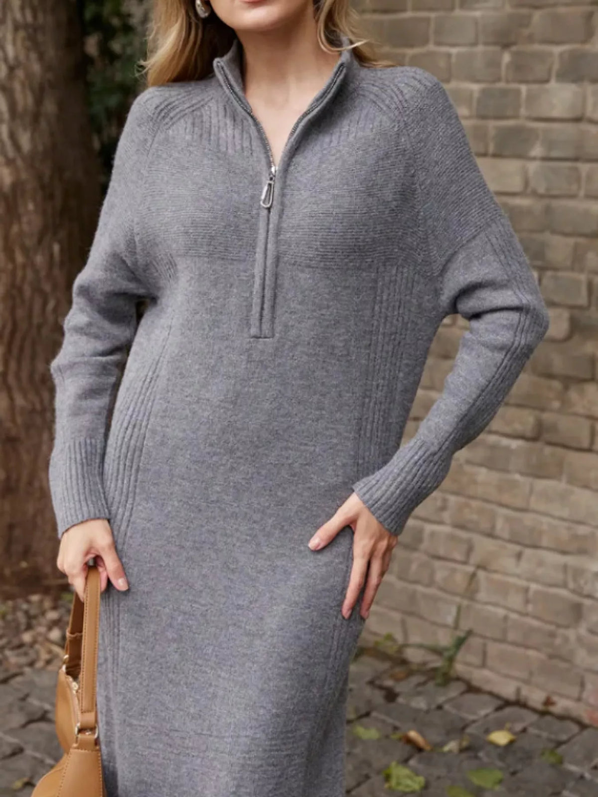 Half-Zip Ribbed Knit Sweater Dress