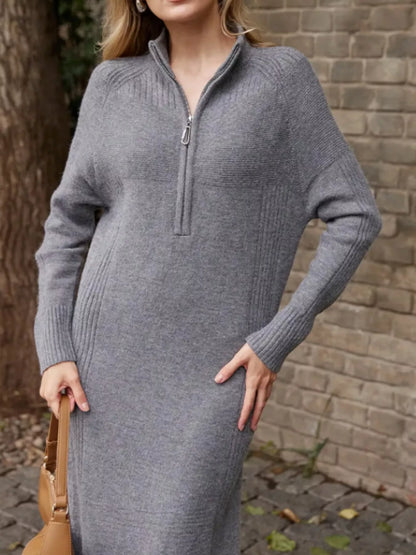 Half-Zip Ribbed Knit Sweater Dress