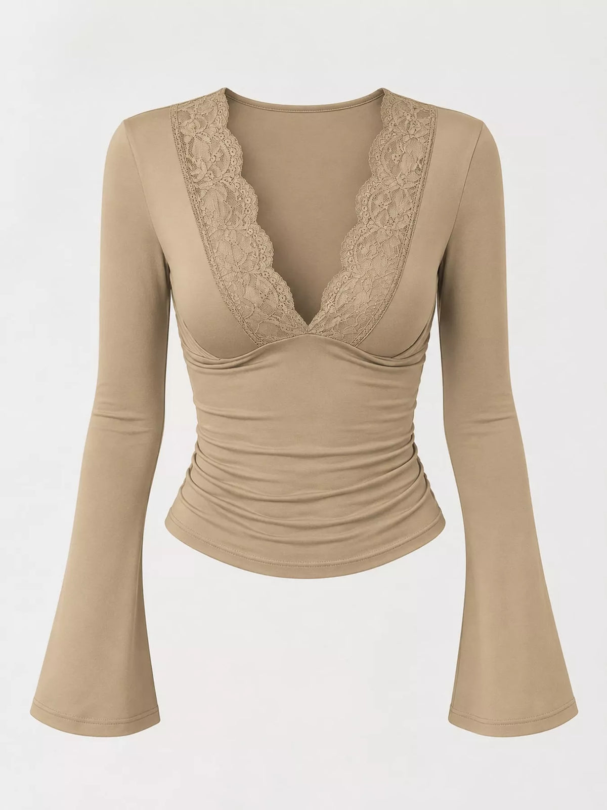 Lace Trim V-Neck Long Sleeve Slim Fit T-Shirt