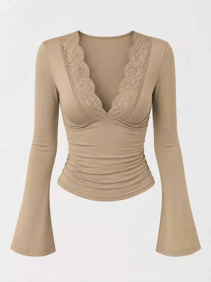 Lace Trim V-Neck Long Sleeve Slim Fit T-Shirt