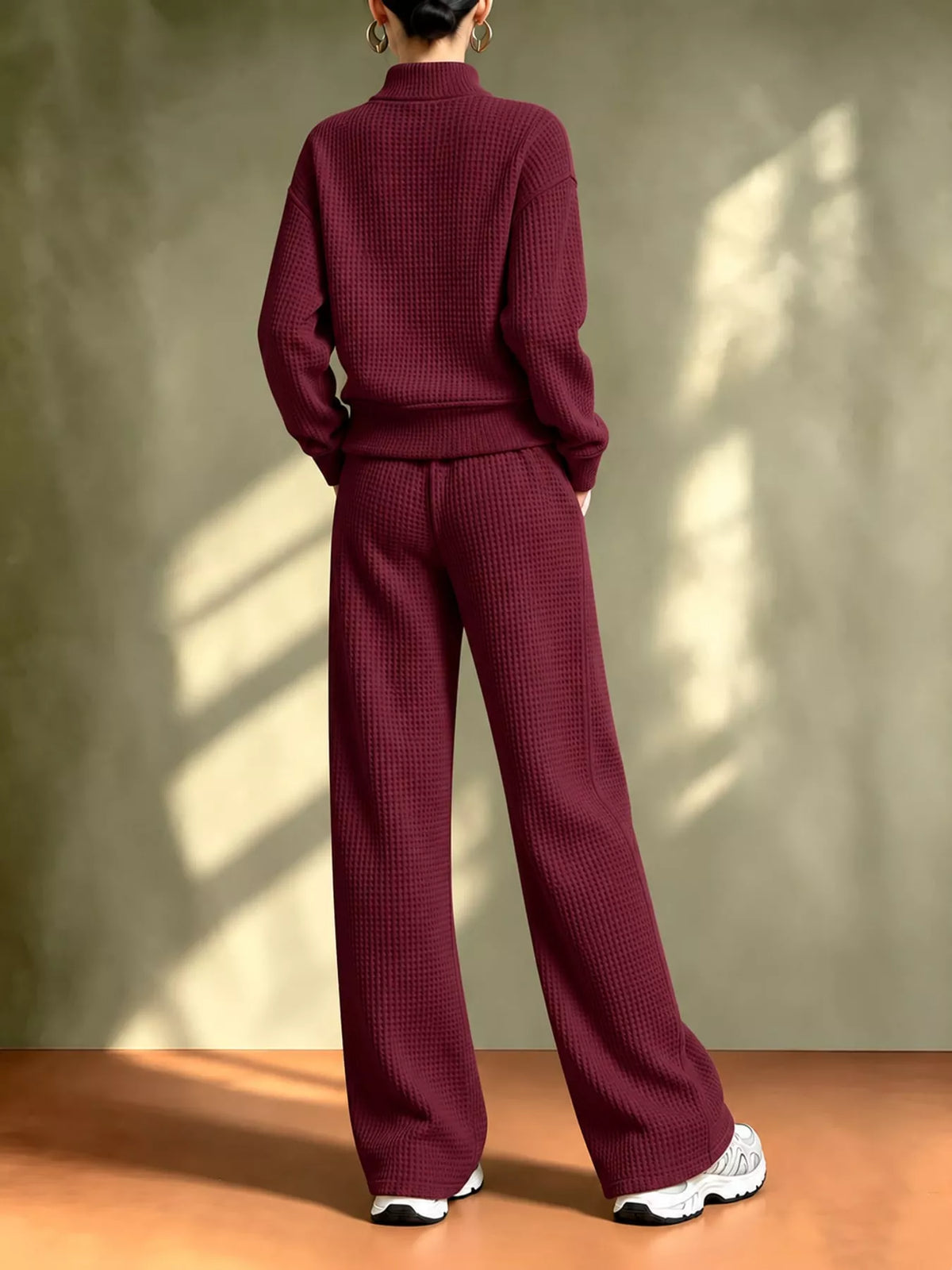 Waffle Knit Button-Up Outerwear and Wide-Leg Pants Set