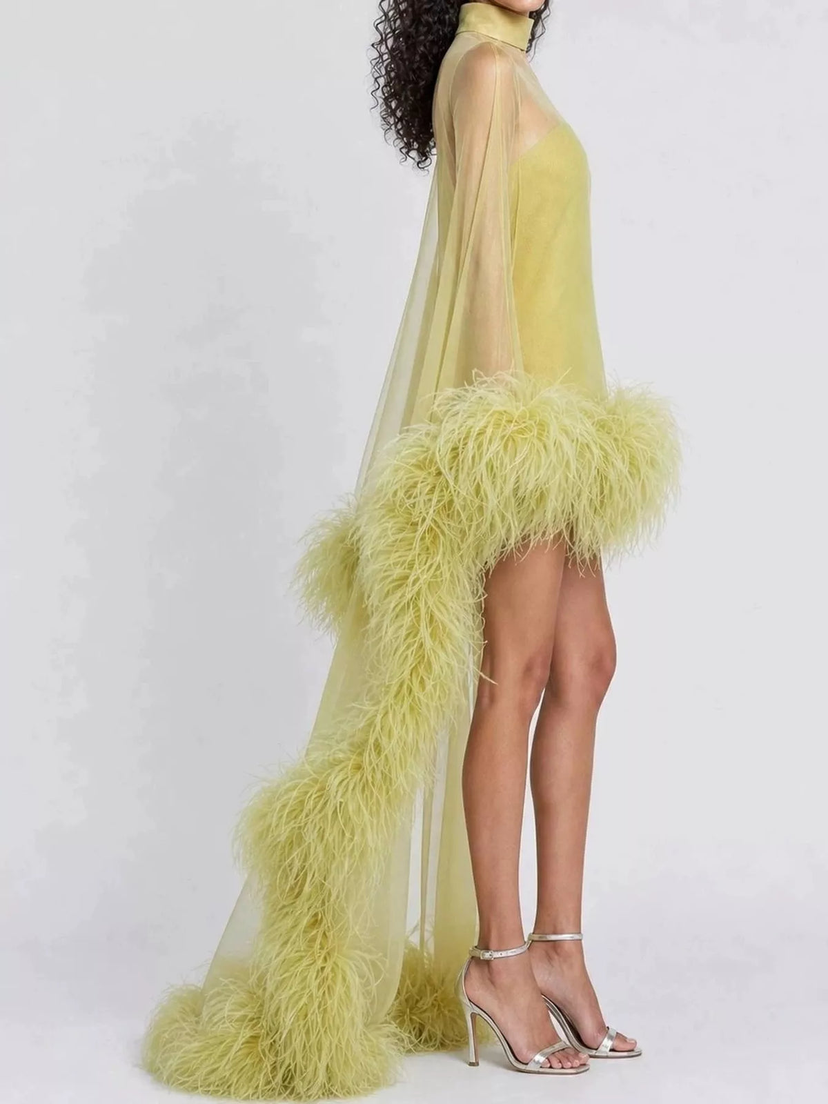 Feather-Trimmed Sheer Mock Neck Mini Dress