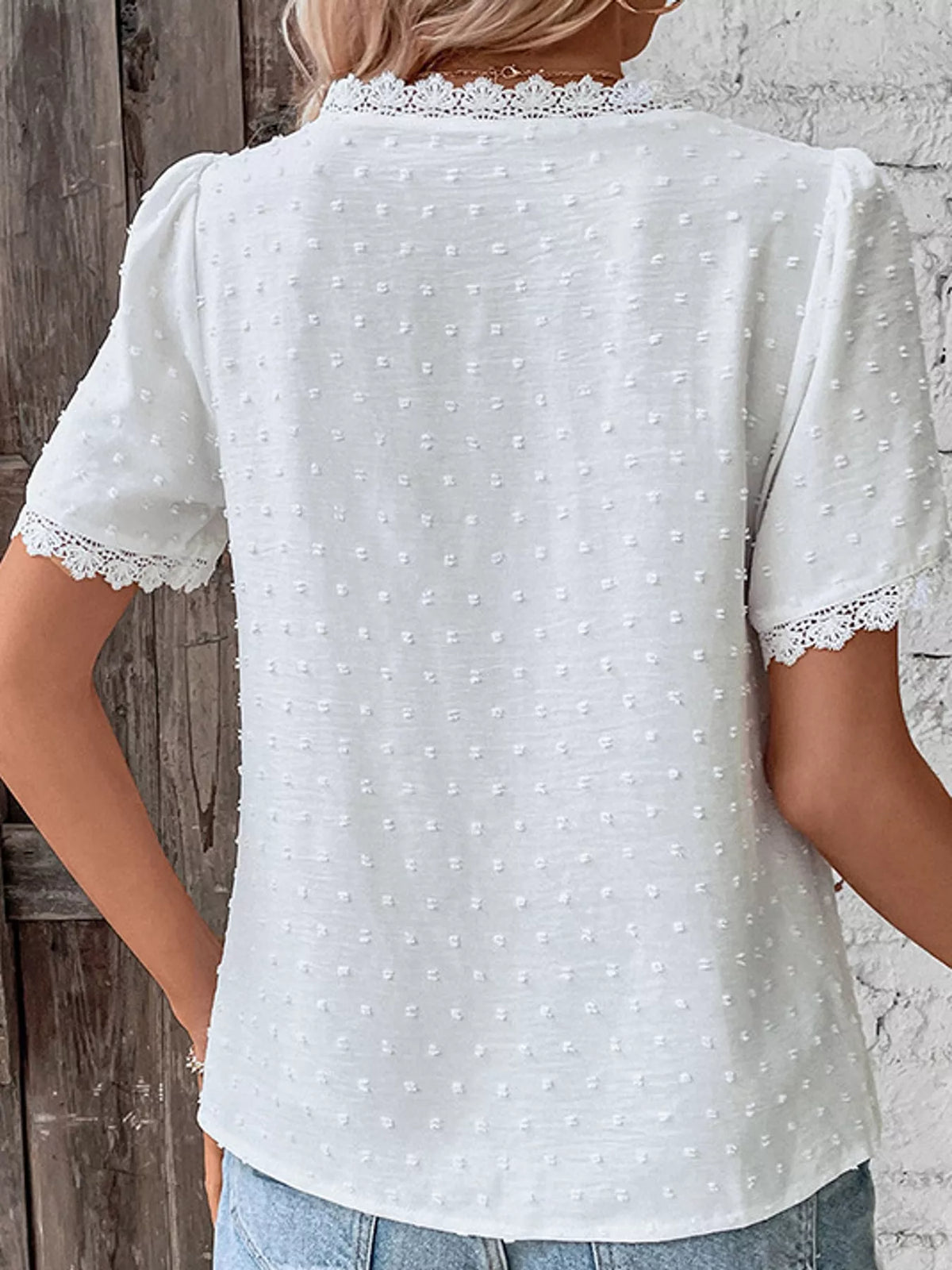 Elegant Swiss Dot V-Neck Blouse with Lace Trim