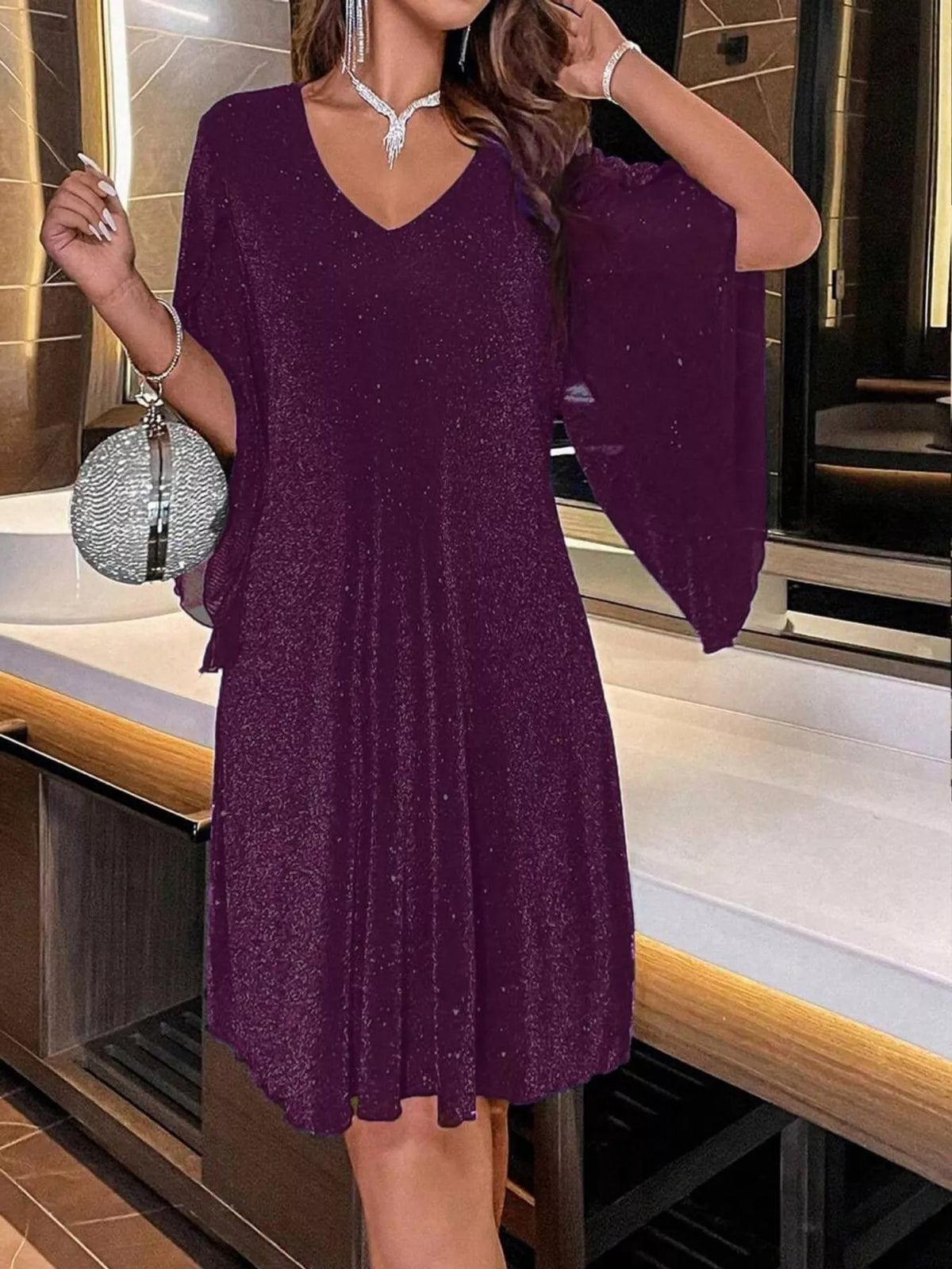 Glittering V-Neck Flutter Sleeve Dress