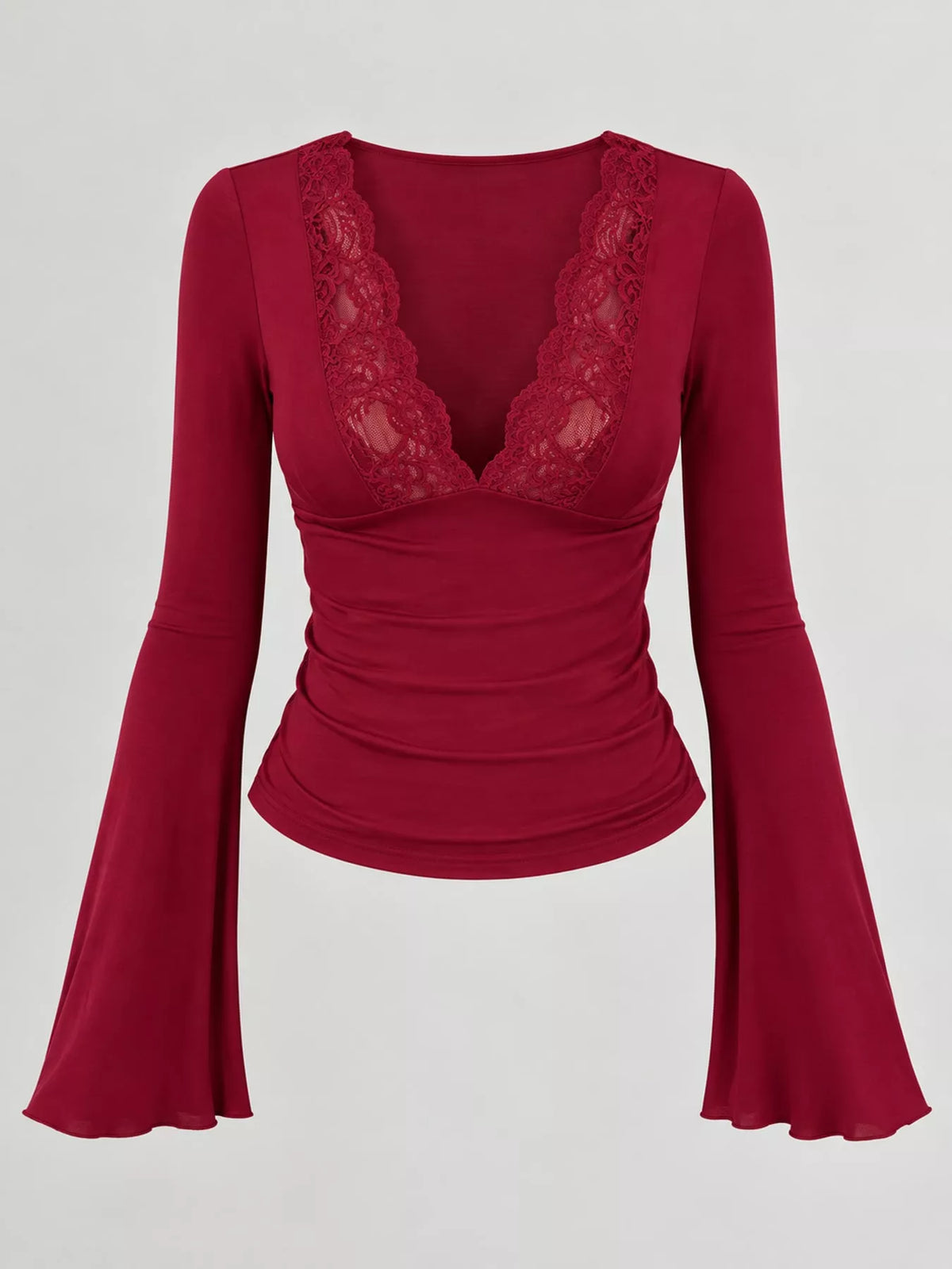 Lace Trim V-Neck Long Sleeve Slim Fit T-Shirt