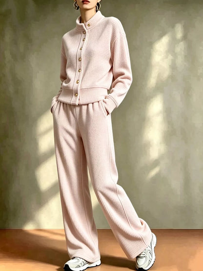 Waffle Knit Button-Up Outerwear and Wide-Leg Pants Set